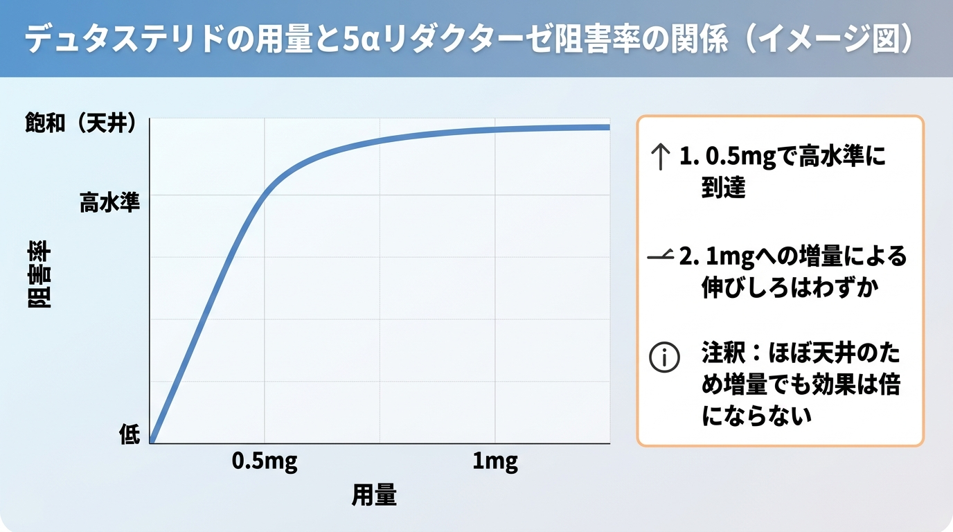 タイトル: デュタステリドの用量と5αリダクターゼ阻害率の関係(イメージ図)。横軸が用量(0.5mg・1mg)、縦軸が阻害率のグラフ。0.5mgの時点ですでに高水準に達し、1mgへ上げても伸びしろはわずか(なだらかに飽和するカーブ)。注釈: 0.5mgでほぼ天井に近いため、増量しても効果は倍にならない