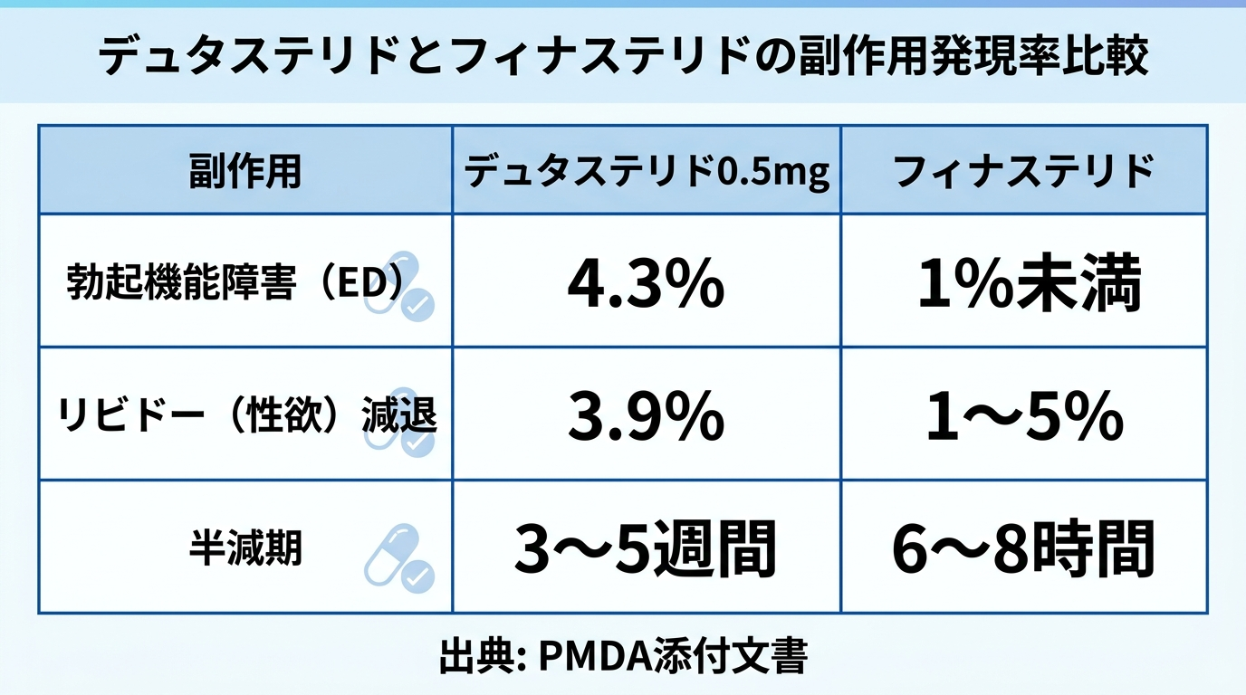 タイトル: デュタステリドとフィナステリドの副作用発現率比較。3列の表: ヘッダー行: 副作用 | デュタステリド0.5mg | フィナステリド。行1: 勃起機能障害(ED) | 4.3% | 1%未満。行2: リビドー(性欲)減退 | 3.9% | 1〜5%。行3: 半減期 | 3〜5週間 | 6〜8時間。出典: PMDA添付文書