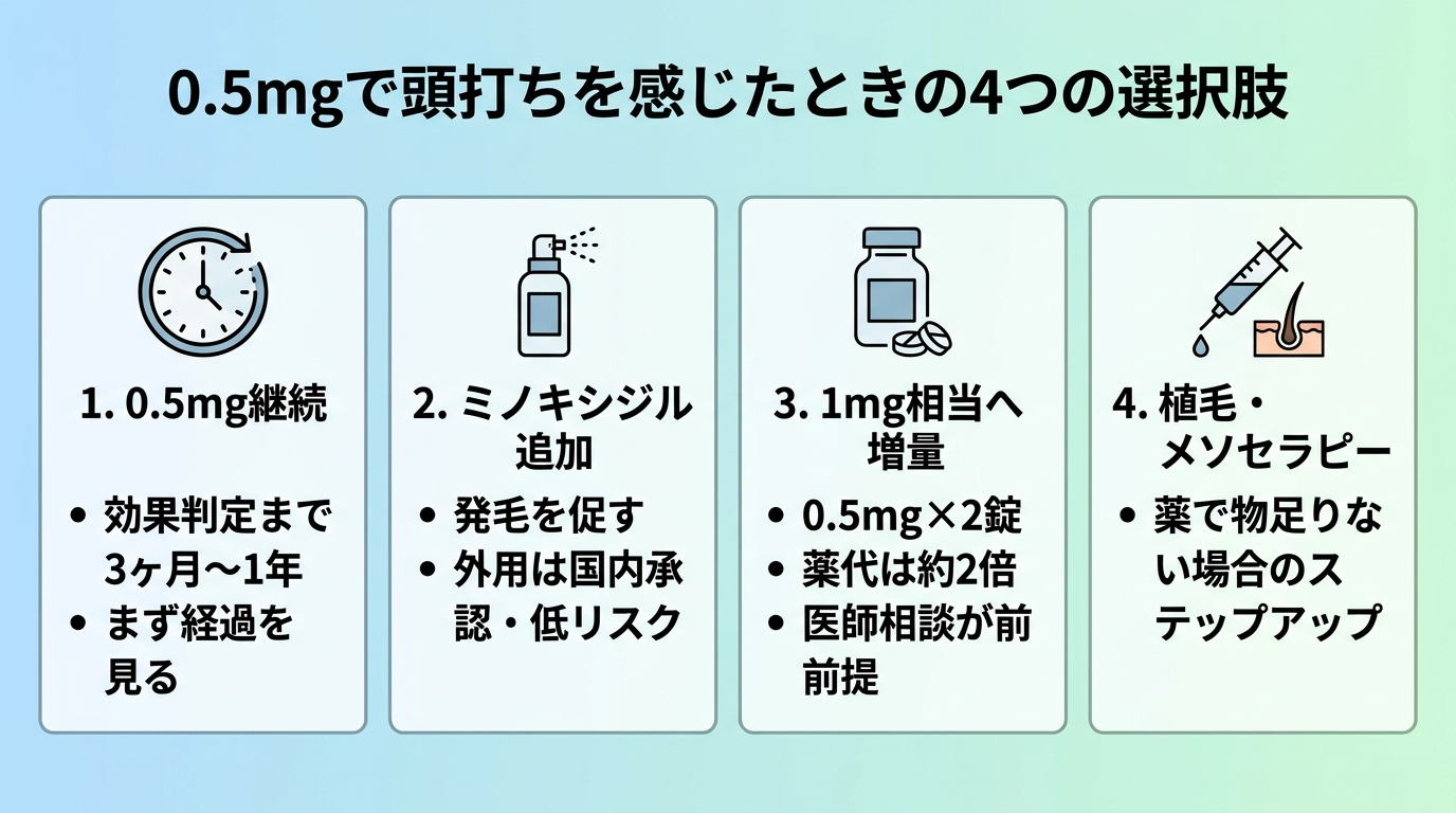 タイトル: 0.5mgで頭打ちを感じたときの4つの選択肢。横並び4カードで: カード1(時計アイコン)ヘッダー: 0.5mg継続、説明: 効果判定まで3ヶ月〜1年。まず経過を見る。カード2(スプレーアイコン)ヘッダー: ミノキシジル追加、説明: 発毛を促す。外用は国内承認・低リスク。カード3(錠剤アイコン)ヘッダー: 1mg相当へ増量、説明: 0.5mg×2錠。薬代は約2倍。医師相談が前提。カード4(注射アイコン)ヘッダー: 植毛・メソセラピー、説明: 薬で物足りない場合のステップアップ