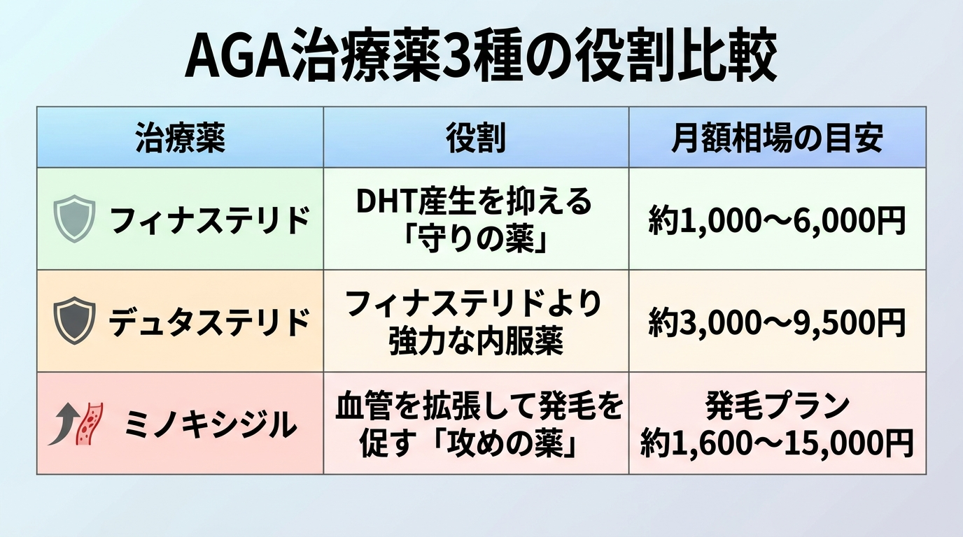 タイトル: AGA治療薬3種の役割比較。3列の表: ヘッダー行: 治療薬 | 役割 | 月額相場の目安。行1: フィナステリド | DHT産生を抑える「守りの薬」 | 約1,000〜6,000円。行2: デュタステリド | フィナステリドより強力な内服薬 | 約3,000〜9,500円。行3: ミノキシジル | 血管を拡張して発毛を促す「攻めの薬」 | 発毛プラン約1,600〜15,000円