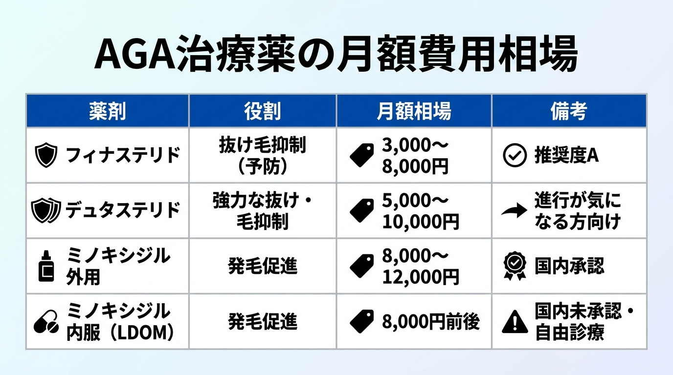 タイトル: AGA治療薬の月額費用相場。4列の表: ヘッダー行: 薬剤 | 役割 | 月額相場 | 備考。行1: フィナステリド | 抜け毛抑制(予防) | 3,000〜8,000円 | 推奨度A。行2: デュタステリド | 強力な抜け毛抑制 | 5,000〜10,000円 | 進行が気になる方向け。行3: ミノキシジル外用 | 発毛促進 | 8,000〜12,000円 | 国内承認。行4: ミノキシジル内服(LDOM) | 発毛促進 | 8,000円前後 | 国内未承認・自由診療
