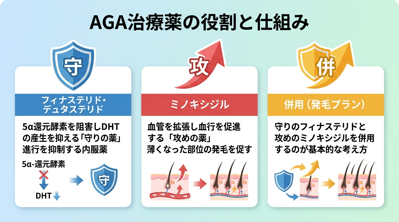 タイトル: AGA治療薬の役割と仕組み。横並び3カードで: カード1(盾アイコン)ヘッダー: フィナステリド・デュタステリド、説明: 5α還元酵素を阻害しDHTの産生を抑える「守りの薬」。進行を抑制する内服薬。カード2(矢印上向きアイコン)ヘッダー: ミノキシジル、説明: 血管を拡張し血行を促進する「攻めの薬」。薄くなった部位の発毛を促す。カード3(組み合わせアイコン)ヘッダー: 併用(発毛プラン)、説明: 守りのフィナステリドと攻めのミノキシジルを併用するのが基本的な考え方