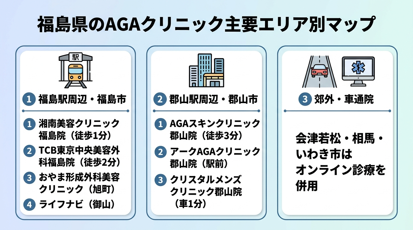 タイトル: 福島県のAGAクリニック主要エリア別マップ。3エリアのカード型: カード1（福島駅周辺・福島市）湘南美容クリニック福島院（徒歩1分）、TCB東京中央美容外科福島院（徒歩2分）、おやま形成外科美容クリニック（旭町）、ライフナビ（御山）。カード2（郡山駅周辺・郡山市）AGAスキンクリニック郡山院（徒歩3分）、アークAGAクリニック郡山院（駅前）、クリスタルメンズクリニック郡山院（車1分）。カード3（郊外・車通院）会津若松・相馬・いわき市はオンライン診療を併用