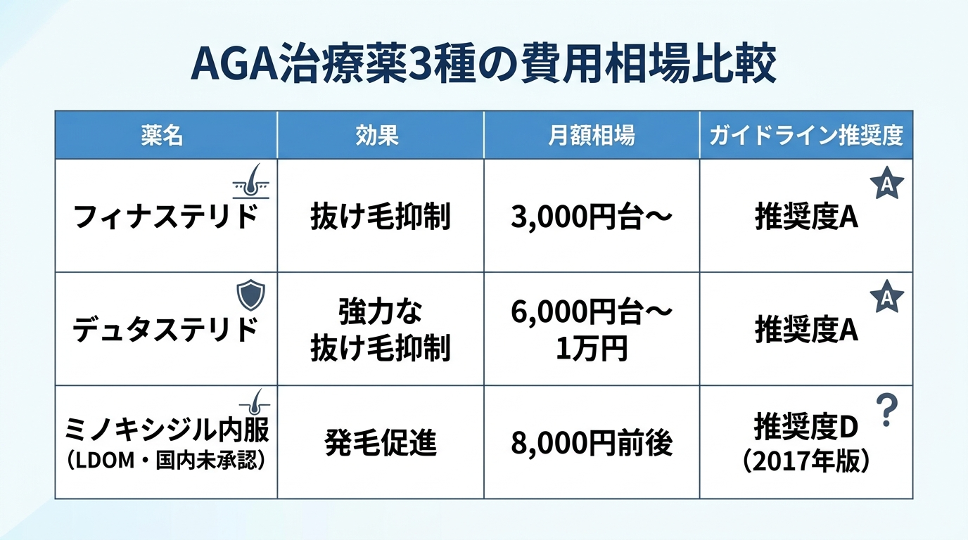 タイトル: AGA治療薬3種の費用相場比較。4列の表: ヘッダー行: 薬名 | 効果 | 月額相場 | ガイドライン推奨度。行1: フィナステリド | 抜け毛抑制 | 3,000円台〜 | 推奨度A。行2: デュタステリド | 強力な抜け毛抑制 | 6,000円台〜1万円 | 推奨度A。行3: ミノキシジル内服(LDOM・国内未承認) | 発毛促進 | 8,000円前後 | 推奨度D(2017年版)