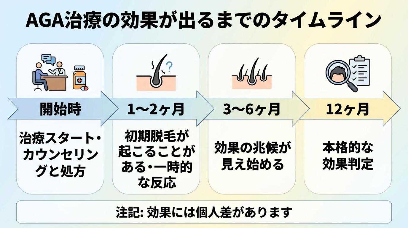 タイトル: AGA治療の効果が出るまでのタイムライン。横軸の時間経過図: 開始時(治療スタート・カウンセリングと処方)→1〜2ヶ月(初期脱毛が起こることがある・一時的な反応)→3〜6ヶ月(効果の兆候が見え始める)→12ヶ月(本格的な効果判定)。下部に注記: 効果には個人差があります