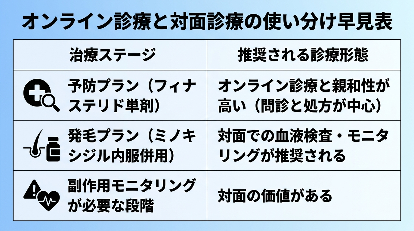タイトル: オンライン診療と対面診療の使い分け早見表。2列の表: ヘッダー行: 治療ステージ | 推奨される診療形態。行1: 予防プラン(フィナステリド単剤) | オンライン診療と親和性が高い(問診と処方が中心)。行2: 発毛プラン(ミノキシジル内服併用) | 対面での血液検査・モニタリングが推奨される。行3: 副作用モニタリングが必要な段階 | 対面の価値がある