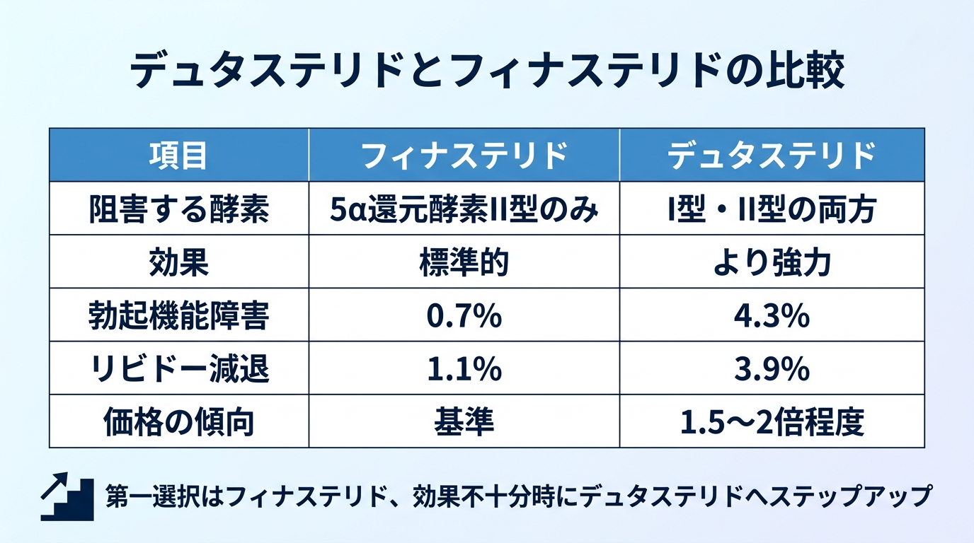 タイトル: デュタステリドとフィナステリドの比較。4列の表: ヘッダー行: 項目 | フィナステリド | デュタステリド。行1: 阻害する酵素 | 5α還元酵素II型のみ | I型・II型の両方。行2: 効果 | 標準的 | より強力。行3: 勃起機能障害 | 0.7% | 4.3%。行4: リビドー減退 | 1.1% | 3.9%。行5: 価格の傾向 | 基準 | 1.5〜2倍程度。下部注記: 第一選択はフィナステリド、効果不十分時にデュタステリドへステップアップ