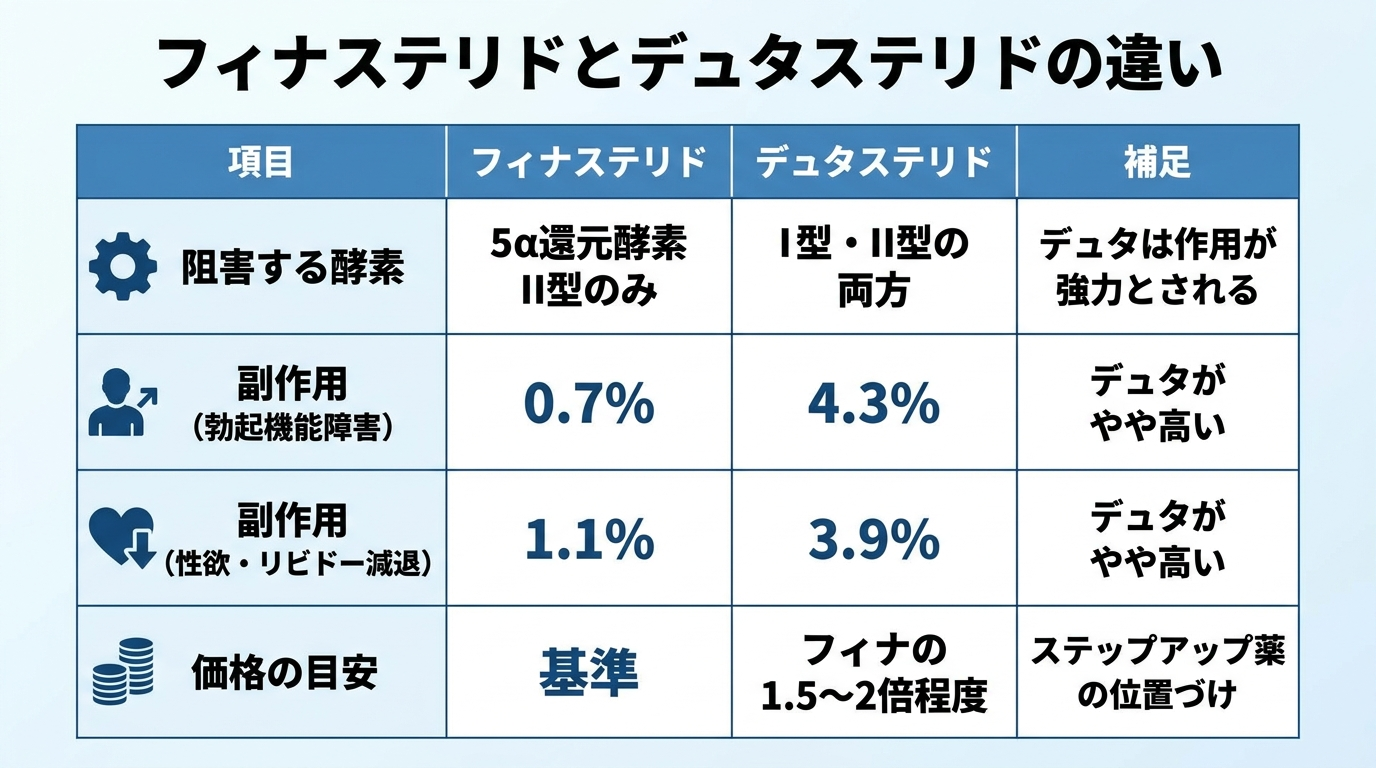タイトル: フィナステリドとデュタステリドの違い。4列の表: ヘッダー行: 項目 | フィナステリド | デュタステリド | 補足。行1: 阻害する酵素 | 5α還元酵素II型のみ | I型・II型の両方 | デュタは作用が強力とされる。行2: 副作用(勃起機能障害) | 0.7% | 4.3% | デュタがやや高い。行3: 副作用(性欲・リビドー減退) | 1.1% | 3.9% | デュタがやや高い。行4: 価格の目安 | 基準 | フィナの1.5〜2倍程度 | ステップアップ薬の位置づけ