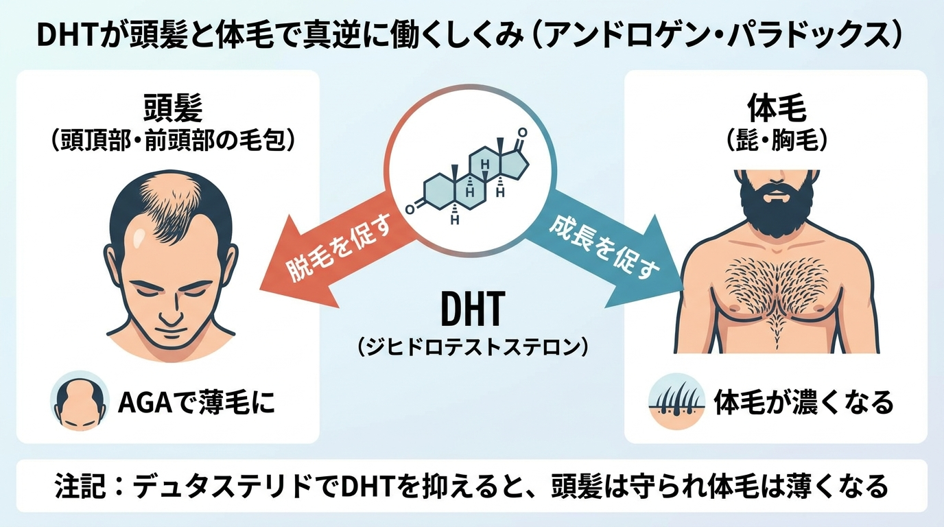 タイトル: DHTが頭髪と体毛で真逆に働くしくみ(アンドロゲン・パラドックス)。中央にDHT(ジヒドロテストステロン)。左側に頭髪(頭頂部・前頭部の毛包)→ 矢印「脱毛を促す」→ AGAで薄毛に。右側に体毛(髭・胸毛)→ 矢印「成長を促す」→ 体毛が濃くなる。下部に注記: デュタステリドでDHTを抑えると、頭髪は守られ体毛は薄くなる