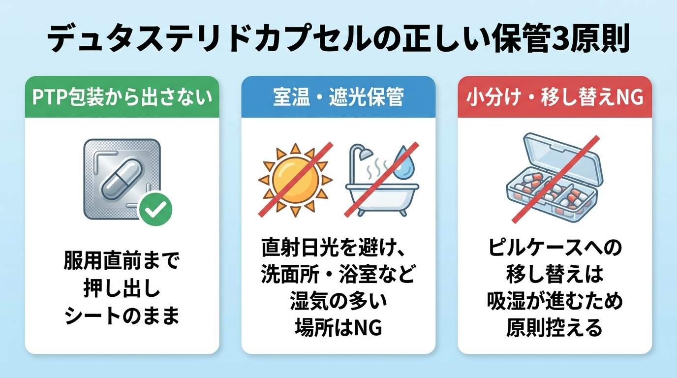 タイトル: デュタステリドカプセルの正しい保管3原則。横並び3カードのイラスト。カード1(シートのアイコン): PTP包装から出さない。服用直前まで押し出しシートのまま。カード2(太陽に斜線のアイコン): 室温・遮光保管。直射日光を避け、洗面所・浴室など湿気の多い場所はNG。カード3(ピルケースに斜線のアイコン): 小分け・移し替えNG。ピルケースへの移し替えは吸湿が進むため原則控える