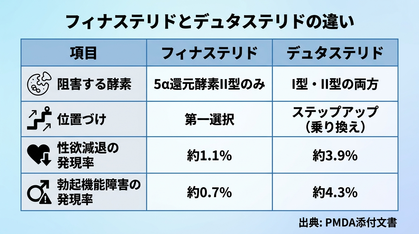 タイトル: フィナステリドとデュタステリドの違い。4列の比較表。ヘッダー行: 項目 | フィナステリド | デュタステリド。行1: 阻害する酵素 | 5α還元酵素II型のみ | I型・II型の両方。行2: 位置づけ | 第一選択 | ステップアップ(乗り換え)。行3: 性欲減退の発現率 | 約1.1% | 約3.9%。行4: 勃起機能障害の発現率 | 約0.7% | 約4.3%。出典: PMDA添付文書