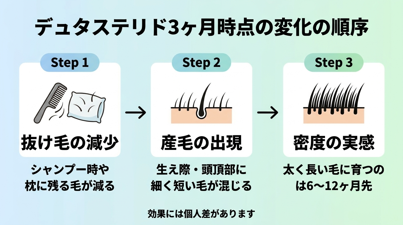 タイトル: デュタステリド3ヶ月時点の変化の順序。横並び3ステップのフロー図: ステップ1(抜け毛のアイコン)見出し: 抜け毛の減少、説明: シャンプー時や枕に残る毛が減る。ステップ2(産毛のアイコン)見出し: 産毛の出現、説明: 生え際・頭頂部に細く短い毛が混じる。ステップ3(密度のアイコン)見出し: 密度の実感、説明: 太く長い毛に育つのは6〜12ヶ月先。下部に注記: 効果には個人差があります