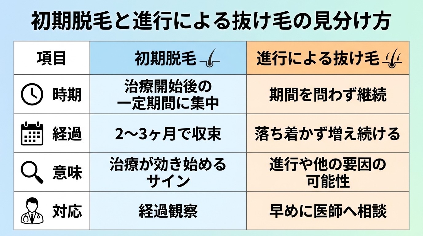 タイトル: 初期脱毛と進行による抜け毛の見分け方。2列の比較表: ヘッダー行: 項目 | 初期脱毛 | 進行による抜け毛。行1: 時期 | 治療開始後の一定期間に集中 | 期間を問わず継続。行2: 経過 | 2〜3ヶ月で収束 | 落ち着かず増え続ける。行3: 意味 | 治療が効き始めるサイン | 進行や他の要因の可能性。行4: 対応 | 経過観察 | 早めに医師へ相談