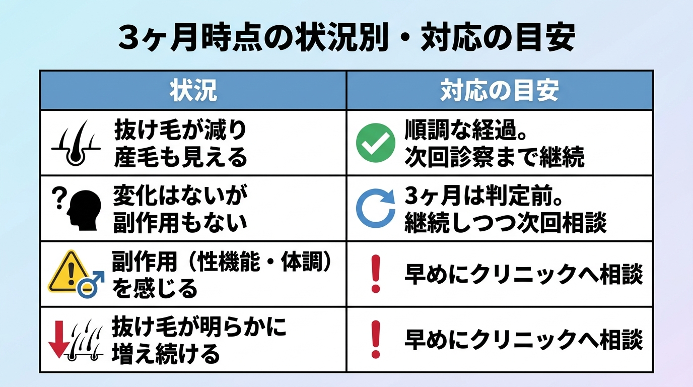 タイトル: 3ヶ月時点の状況別・対応の目安。2列の早見表: ヘッダー行: 状況 | 対応の目安。行1: 抜け毛が減り産毛も見える | 順調な経過。次回診察まで継続。行2: 変化はないが副作用もない | 3ヶ月は判定前。継続しつつ次回相談。行3: 副作用(性機能・体調)を感じる | 早めにクリニックへ相談。行4: 抜け毛が明らかに増え続ける | 早めにクリニックへ相談
