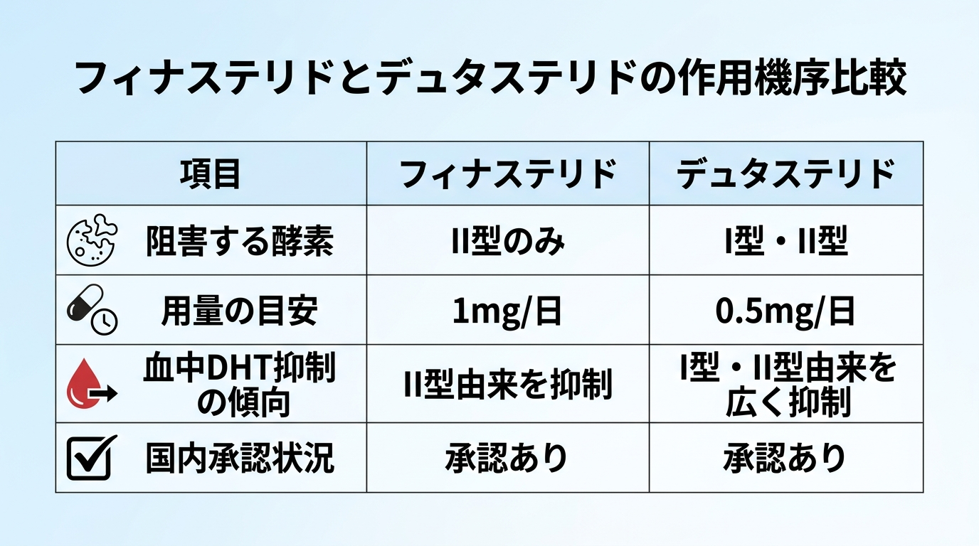 タイトル: フィナステリドとデュタステリドの作用機序比較。4列の表: ヘッダー行: 項目 | フィナステリド | デュタステリド。行1: 阻害する酵素 | II型のみ | I型・II型。行2: 用量の目安 | 1mg/日 | 0.5mg/日。行3: 血中DHT抑制の傾向 | II型由来を抑制 | I型・II型由来を広く抑制。行4: 国内承認状況 | 承認あり | 承認あり