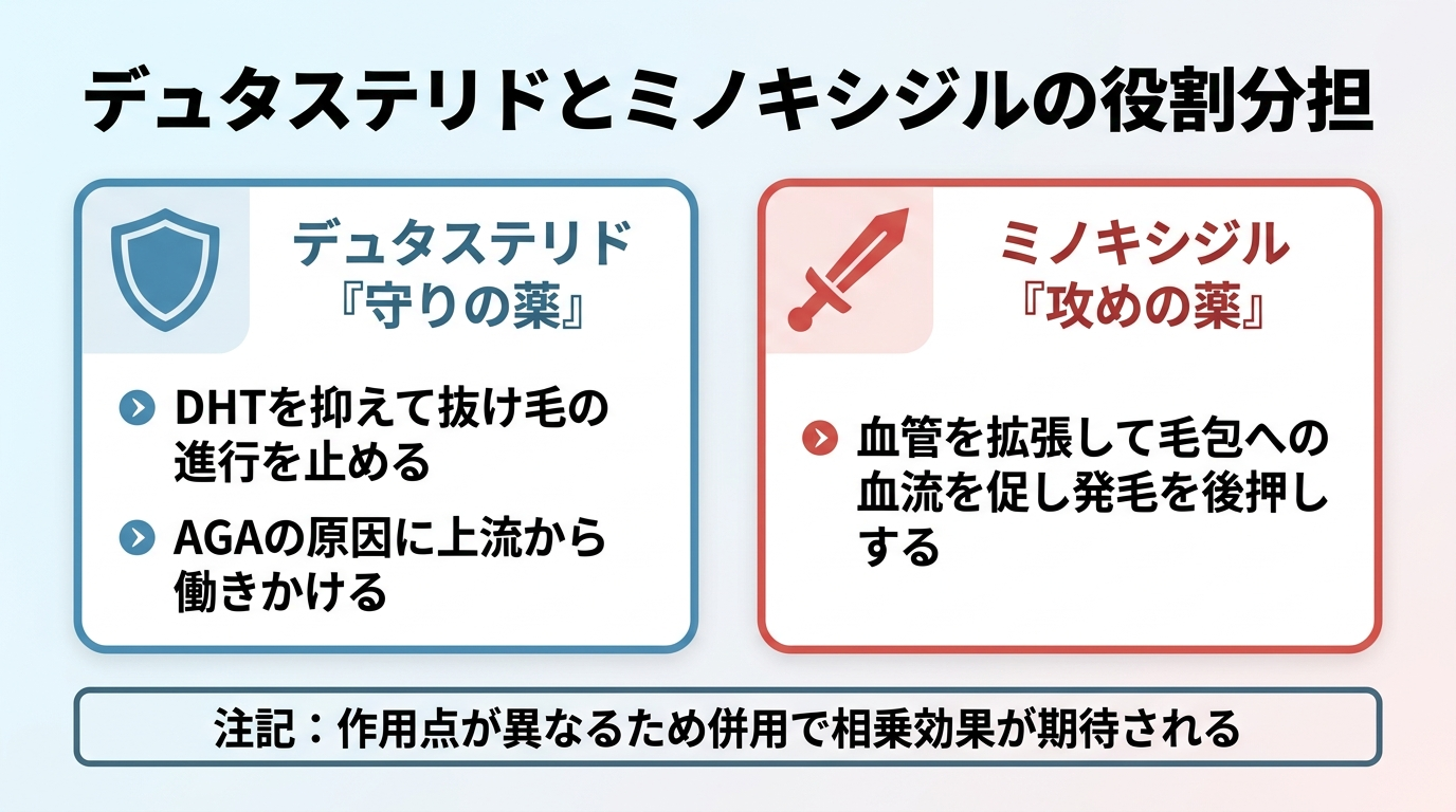 タイトル: デュタステリドとミノキシジルの役割分担。横並び2カードで: カード1(盾のアイコン)ヘッダー: デュタステリド『守りの薬』、説明: DHTを抑えて抜け毛の進行を止める。AGAの原因に上流から働きかける。カード2(剣のアイコン)ヘッダー: ミノキシジル『攻めの薬』、説明: 血管を拡張して毛包への血流を促し発毛を後押しする。下部に注記『作用点が異なるため併用で相乗効果が期待される』