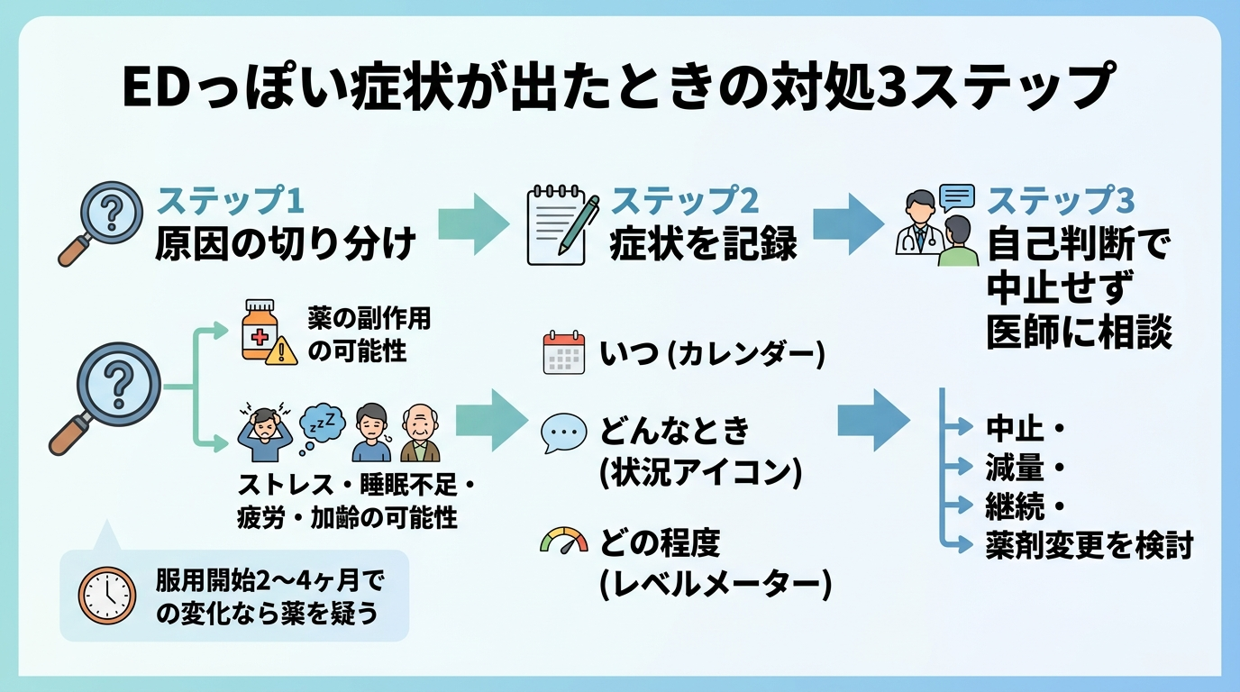 タイトル: EDっぽい症状が出たときの対処3ステップ。フロー図: ステップ1 原因の切り分け（薬か、ストレス・睡眠不足・疲労・加齢か。服用開始2〜4ヶ月での変化なら薬を疑う）→ ステップ2 症状を記録（いつ・どんなとき・どの程度）→ ステップ3 自己判断で中止せず医師に相談（中止・減量・継続・薬剤変更を検討）