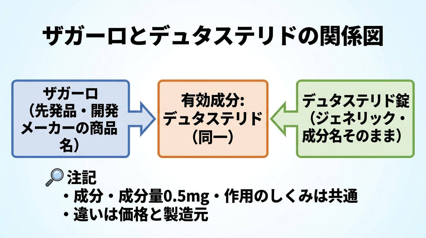 タイトル: ザガーロとデュタステリドの関係図。中央に「有効成分: デュタステリド(同一)」のボックスを置き、左に「ザガーロ(先発品・開発メーカーの商品名)」、右に「デュタステリド錠(ジェネリック・成分名そのまま)」を矢印でつなぐ。下部に「成分・成分量0.5mg・作用のしくみは共通、違いは価格と製造元」と注記