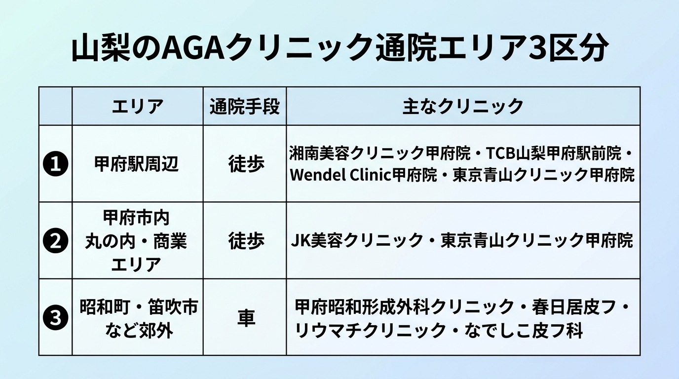 タイトル: 山梨のAGAクリニック通院エリア3区分。3列の表: ヘッダー行: エリア | 通院手段 | 主なクリニック。行1: 甲府駅周辺 | 徒歩 | 湘南美容クリニック甲府院・TCB山梨甲府駅前院・Wendel Clinic甲府院・東京青山クリニック甲府院。行2: 甲府市内 丸の内・商業エリア | 徒歩 | JK美容クリニック・東京青山クリニック甲府院。行3: 昭和町・笛吹市など郊外 | 車 | 甲府昭和形成外科クリニック・春日居皮フ・リウマチクリニック・なでしこ皮フ科