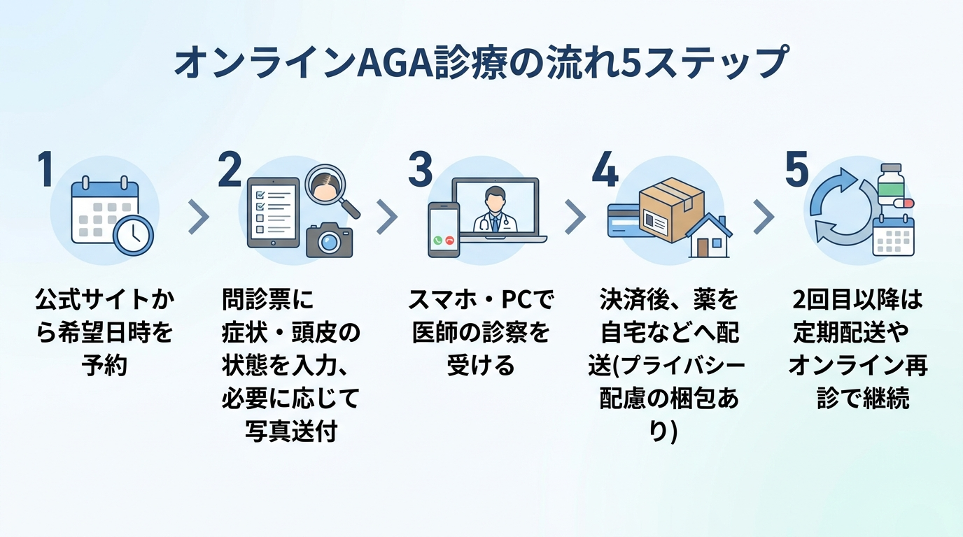 タイトル: オンラインAGA診療の流れ5ステップ。横並びフロー図: ステップ1: 公式サイトから希望日時を予約。ステップ2: 問診票に症状・頭皮の状態を入力、必要に応じて写真送付。ステップ3: スマホ・PCで医師の診察を受ける。ステップ4: 決済後、薬を自宅などへ配送(プライバシー配慮の梱包あり)。ステップ5: 2回目以降は定期配送やオンライン再診で継続