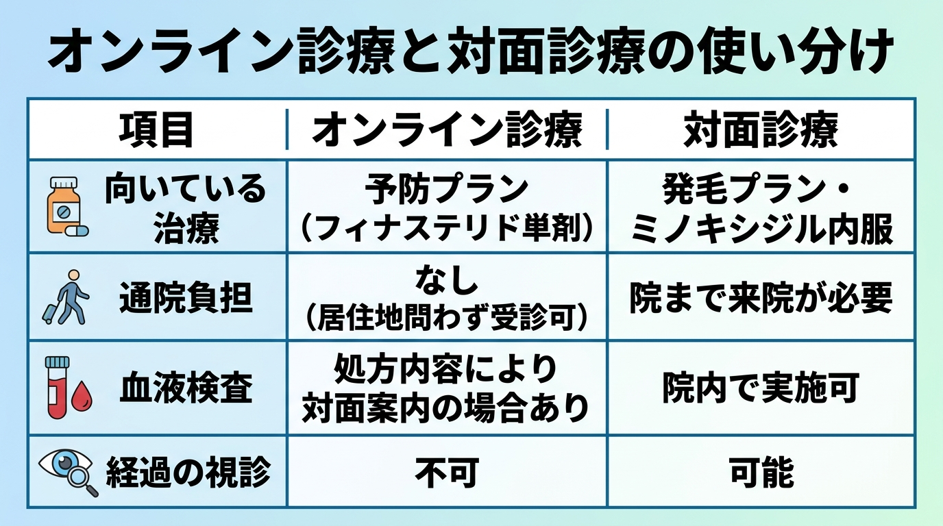 タイトル: オンライン診療と対面診療の使い分け。2列の比較表: ヘッダー行: 項目 | オンライン診療 | 対面診療。行1: 向いている治療 | 予防プラン(フィナステリド単剤) | 発毛プラン・ミノキシジル内服。行2: 通院負担 | なし(居住地問わず受診可) | 院まで来院が必要。行3: 血液検査 | 処方内容により対面案内の場合あり | 院内で実施可。行4: 経過の視診 | 不可 | 可能