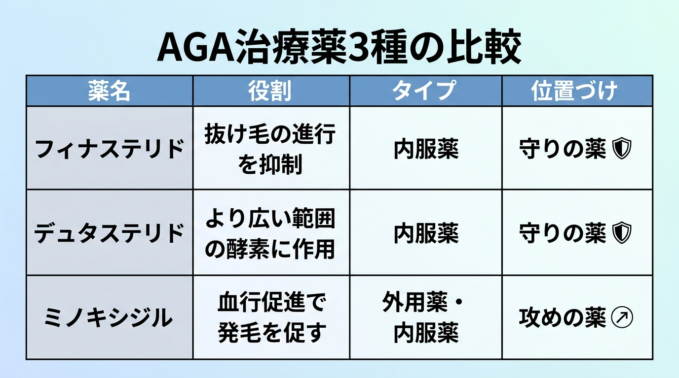 タイトル: AGA治療薬3種の比較。4列の表: ヘッダー行: 薬名 | 役割 | タイプ | 位置づけ。行1: フィナステリド | 抜け毛の進行を抑制 | 内服薬 | 守りの薬。行2: デュタステリド | より広い範囲の酵素に作用 | 内服薬 | 守りの薬。行3: ミノキシジル | 血行促進で発毛を促す | 外用薬・内服薬 | 攻めの薬