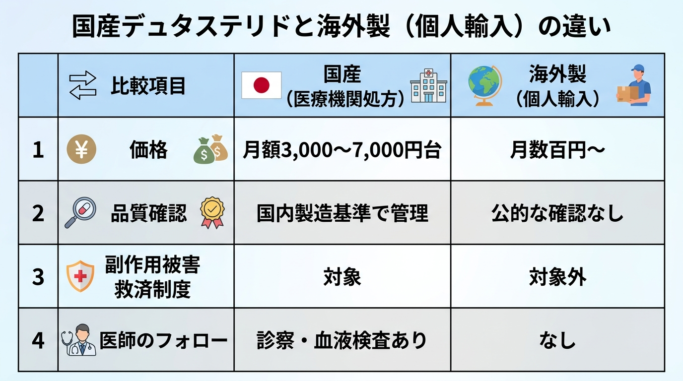 タイトル: 国産デュタステリドと海外製(個人輸入)の違い。3列の表: ヘッダー行: 比較項目 | 国産(医療機関処方) | 海外製(個人輸入)。行1: 価格 | 月額3,000〜7,000円台 | 月数百円〜。行2: 品質確認 | 国内製造基準で管理 | 公的な確認なし。行3: 副作用被害救済制度 | 対象 | 対象外。行4: 医師のフォロー | 診察・血液検査あり | なし