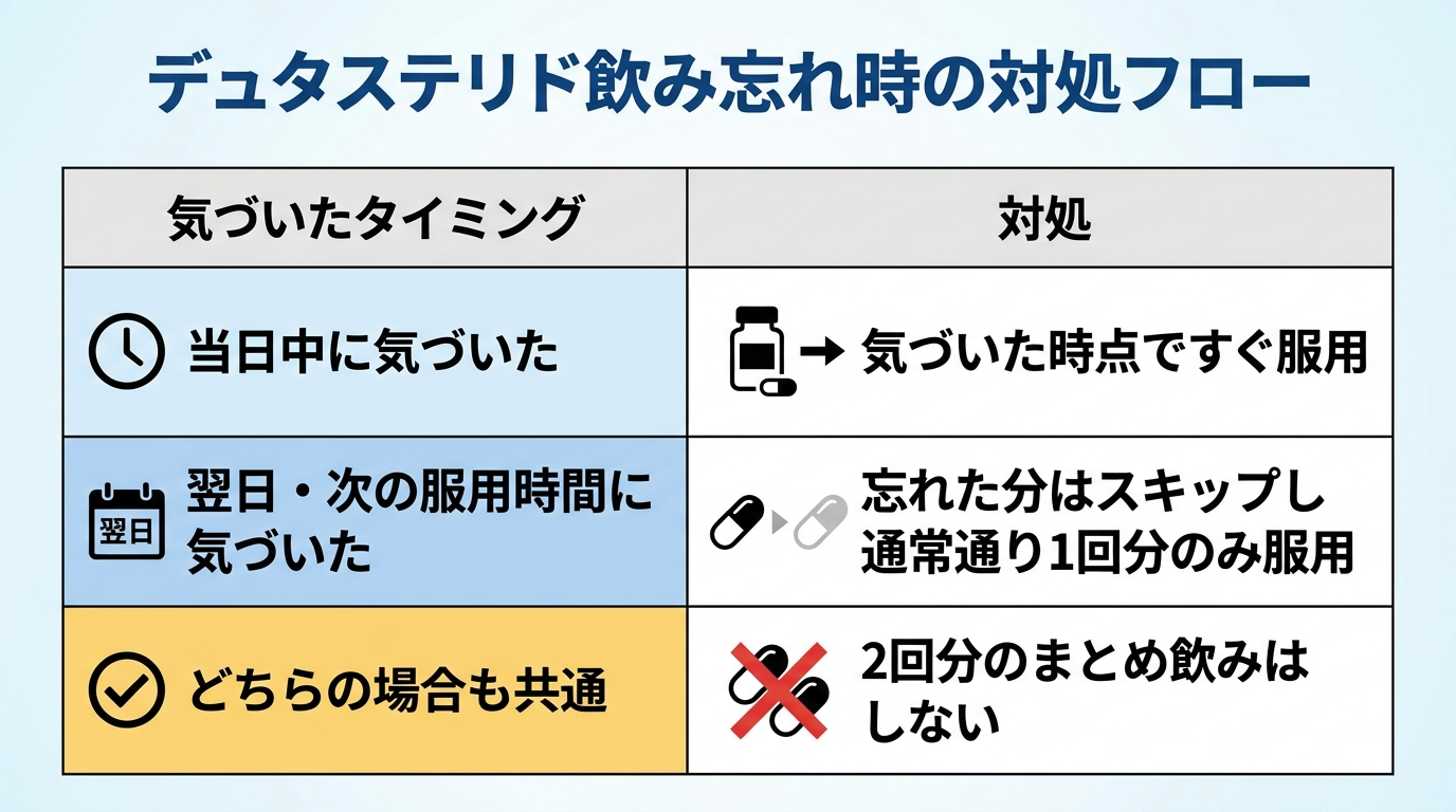 タイトル: デュタステリド飲み忘れ時の対処フロー。2列の表: ヘッダー行: 気づいたタイミング | 対処。行1: 当日中に気づいた | 気づいた時点ですぐ服用。行2: 翌日・次の服用時間に気づいた | 忘れた分はスキップし通常通り1回分のみ服用。行3: どちらの場合も共通 | 2回分のまとめ飲みはしない