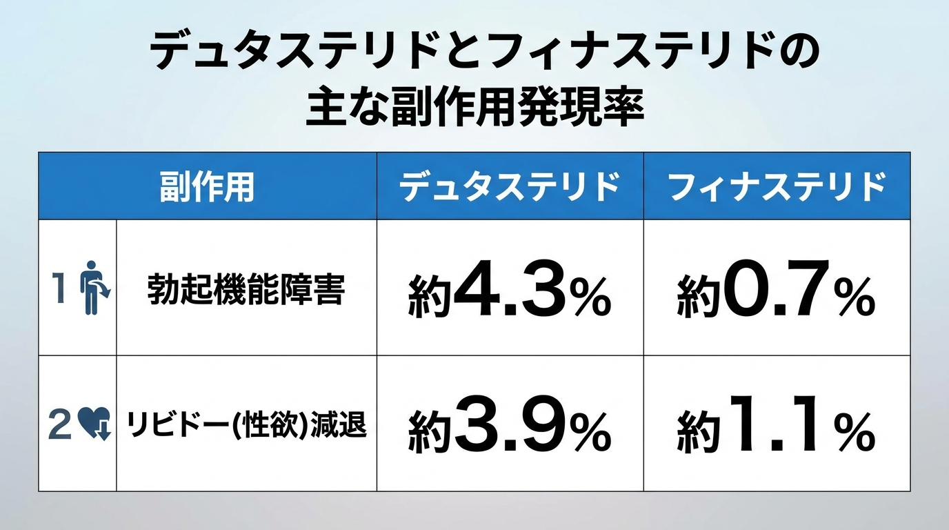 タイトル: デュタステリドとフィナステリドの主な副作用発現率。3列の表: ヘッダー行: 副作用 | デュタステリド | フィナステリド。行1: 勃起機能障害 | 約4.3% | 約0.7%。行2: リビドー(性欲)減退 | 約3.9% | 約1.1%