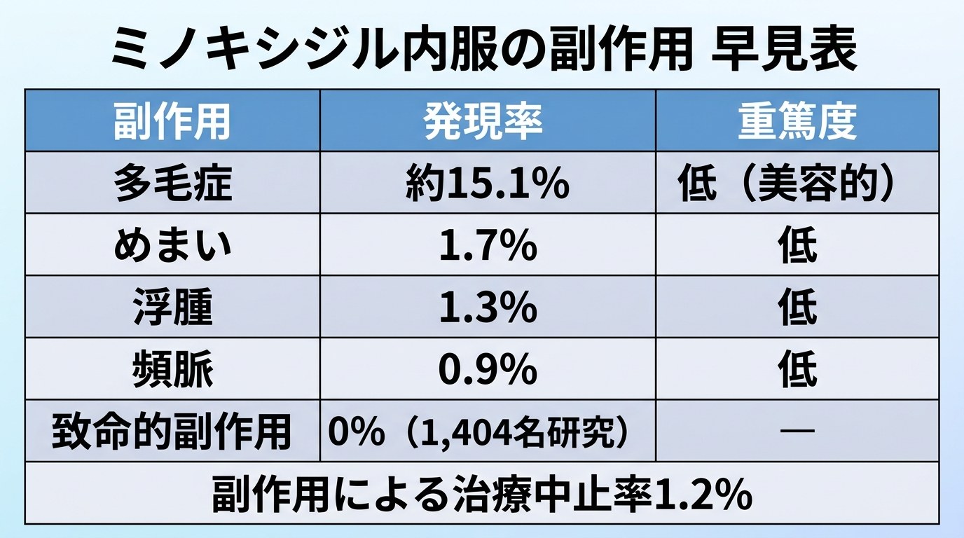 タイトル: ミノキシジル内服の副作用 早見表。3列の表: ヘッダー行: 副作用 | 発現率 | 重篤度。行1: 多毛症 | 約15.1% | 低（美容的）。行2: めまい | 1.7% | 低。行3: 浮腫 | 1.3% | 低。行4: 頻脈 | 0.9% | 低。行5: 致命的副作用 | 0%（1,404名研究） | ―。下部に注記: 副作用による治療中止率1.2%