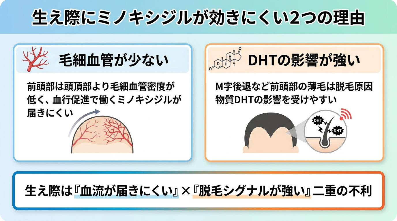 タイトル: 生え際にミノキシジルが効きにくい2つの理由。横並び2カードで: カード1(血管のアイコン)ヘッダー: 毛細血管が少ない、説明: 前頭部は頭頂部より毛細血管密度が低く、血行促進で働くミノキシジルが届きにくい。カード2(分子のアイコン)ヘッダー: DHTの影響が強い、説明: M字後退など前頭部の薄毛は脱毛原因物質DHTの影響を受けやすい。下部に結論: 生え際は『血流が届きにくい』×『脱毛シグナルが強い』二重の不利