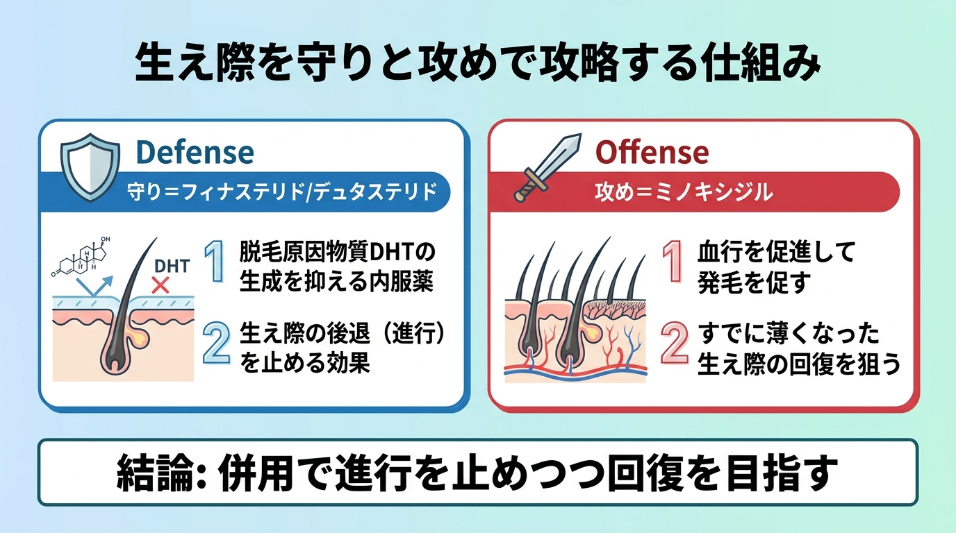 タイトル: 生え際を守りと攻めで攻略する仕組み。横並び2カードで: カード1(盾のアイコン)ヘッダー: 守り=フィナステリド/デュタステリド、説明: 脱毛原因物質DHTの生成を抑え、生え際の後退(進行)を止める内服薬。カード2(剣のアイコン)ヘッダー: 攻め=ミノキシジル、説明: 血行を促進して発毛を促す。すでに薄くなった生え際の回復を狙う。下部に結論: 併用で進行を止めつつ回復を目指す