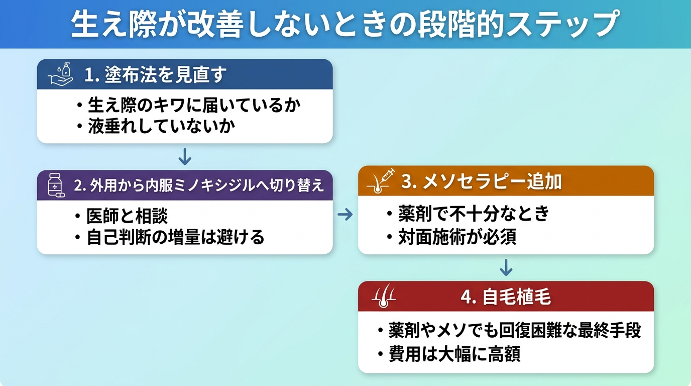 タイトル: 生え際が改善しないときの段階的ステップ。縦フロー4ステップ: ステップ1: 塗布法を見直す(生え際のキワに届いているか・液垂れしていないか)。ステップ2: 外用から内服ミノキシジルへ切り替え(医師と相談・自己判断の増量は避ける)。ステップ3: メソセラピー追加(薬剤で不十分なとき・対面施術が必須)。ステップ4: 自毛植毛(薬剤やメソでも回復困難な最終手段・費用は大幅に高額)