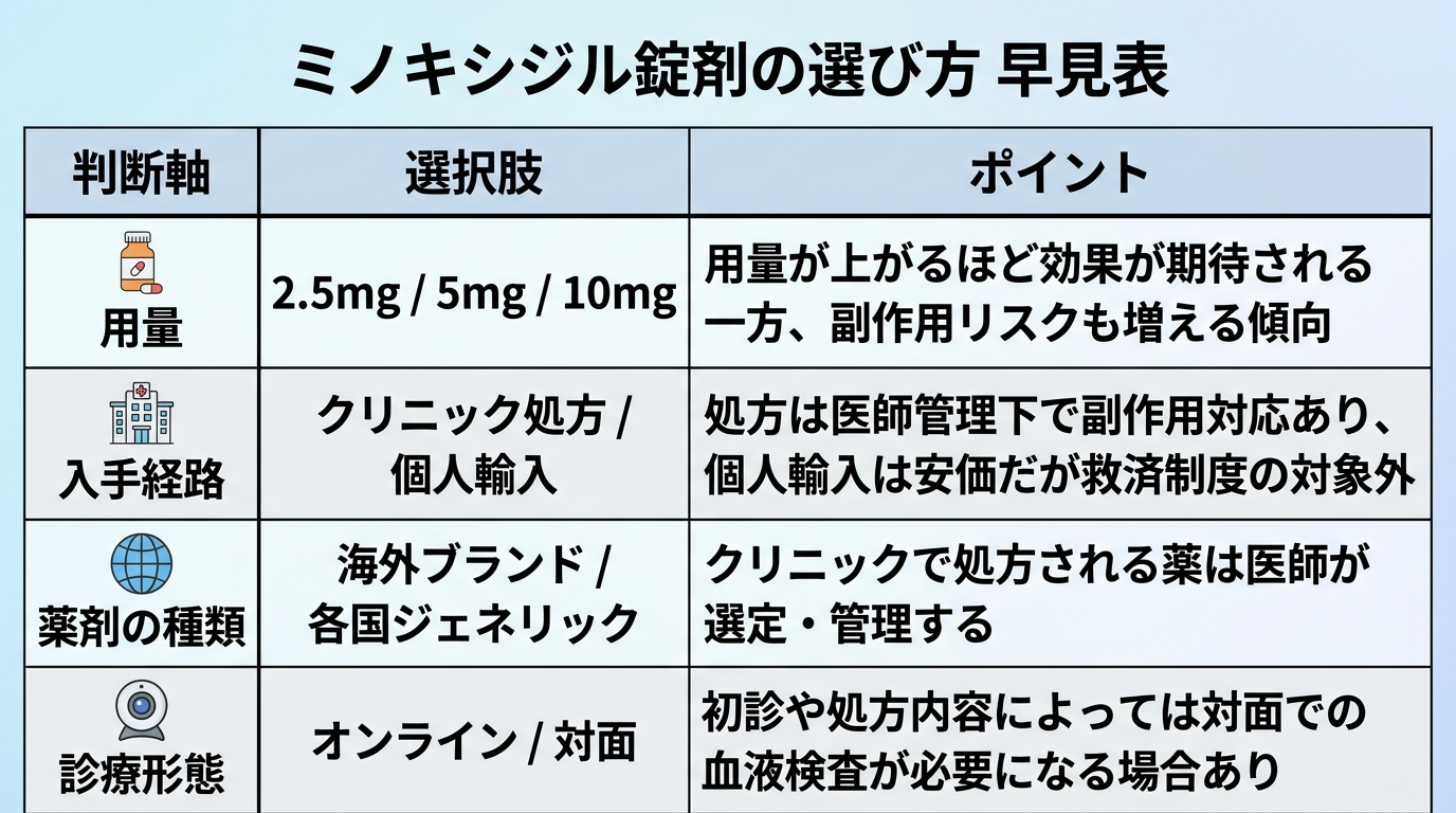 タイトル: ミノキシジル錠剤の選び方 早見表。4行の表: ヘッダー行: 判断軸 | 選択肢 | ポイント。行1: 用量 | 2.5mg / 5mg / 10mg | 用量が上がるほど効果が期待される一方、副作用リスクも増える傾向。行2: 入手経路 | クリニック処方 / 個人輸入 | 処方は医師管理下で副作用対応あり、個人輸入は安価だが救済制度の対象外。行3: 薬剤の種類 | 海外ブランド / 各国ジェネリック | クリニックで処方される薬は医師が選定・管理する。行4: 診療形態 | オンライン / 対面 | 初診や処方内容によっては対面での血液検査が必要になる場合あり