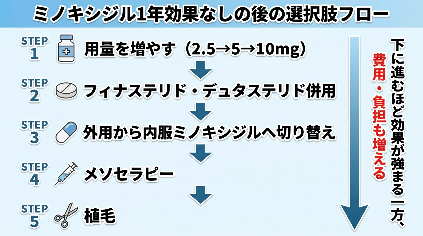 タイトル: ミノキシジル1年効果なしの後の選択肢フロー。縦に5ステップの矢印フロー図: ステップ1（薬瓶アイコン）用量を増やす（2.5→5→10mg）。ステップ2（錠剤アイコン）フィナステリド・デュタステリド併用。ステップ3（カプセルアイコン）外用から内服ミノキシジルへ切り替え。ステップ4（注射器アイコン）メソセラピー。ステップ5（はさみアイコン）植毛。下に進むほど効果が強まる一方、費用・負担も増える旨を矢印横に注記
