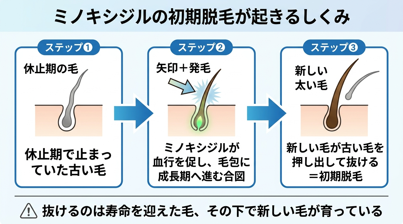 タイトル: ミノキシジルの初期脱毛が起きるしくみ。横並び3ステップのフロー図: ステップ1(休止期の毛のアイコン)休止期で止まっていた古い毛。ステップ2(矢印+発毛のアイコン)ミノキシジルが血行を促し、毛包に成長期へ進む合図。ステップ3(新しい太い毛のアイコン)新しい毛が古い毛を押し出して抜ける=初期脱毛。下部に注記: 抜けるのは寿命を迎えた毛、その下で新しい毛が育っている