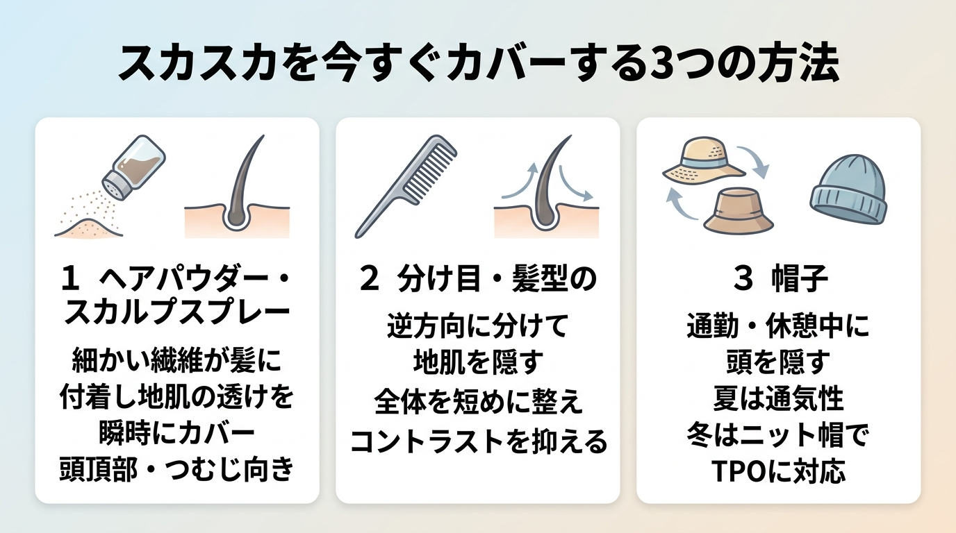 タイトル: スカスカを今すぐカバーする3つの方法。横並び3カードで: カード1(パウダーのアイコン)ヘッダー: ヘアパウダー・スカルプスプレー、説明: 細かい繊維が髪に付着し地肌の透けを瞬時にカバー。頭頂部・つむじ向き。カード2(くしのアイコン)ヘッダー: 分け目・髪型の工夫、説明: 逆方向に分けて地肌を隠す。全体を短めに整えコントラストを抑える。カード3(帽子のアイコン)ヘッダー: 帽子、説明: 通勤・休憩中に頭を隠す。夏は通気性、冬はニット帽でTPOに対応