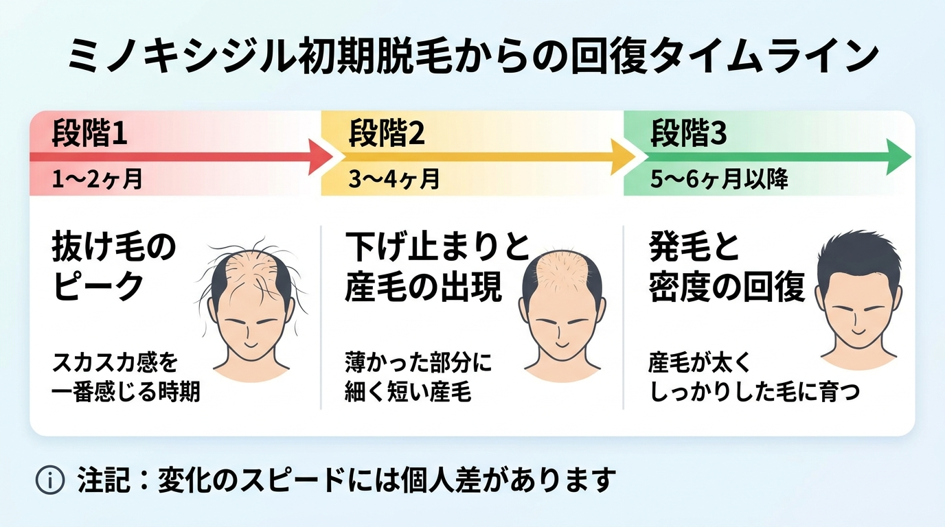 タイトル: ミノキシジル初期脱毛からの回復タイムライン。横方向のタイムライン3段階: 段階1(1〜2ヶ月)抜け毛のピーク、スカスカ感を一番感じる時期。段階2(3〜4ヶ月)下げ止まりと産毛の出現、薄かった部分に細く短い産毛。段階3(5〜6ヶ月以降)発毛と密度の回復、産毛が太くしっかりした毛に育つ。下部に注記: 変化のスピードには個人差があります