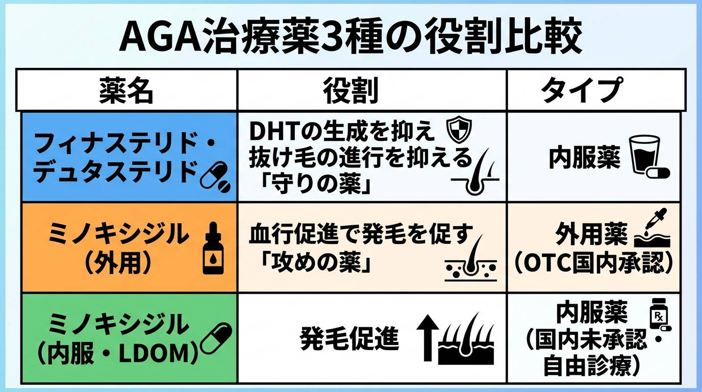タイトル: AGA治療薬3種の役割比較。3列の表: ヘッダー行: 薬名 | 役割 | タイプ。行1: フィナステリド・デュタステリド | DHTの生成を抑え抜け毛の進行を抑える「守りの薬」 | 内服薬。行2: ミノキシジル(外用) | 血行促進で発毛を促す「攻めの薬」 | 外用薬(OTC国内承認)。行3: ミノキシジル(内服・LDOM) | 発毛促進 | 内服薬(国内未承認・自由診療)