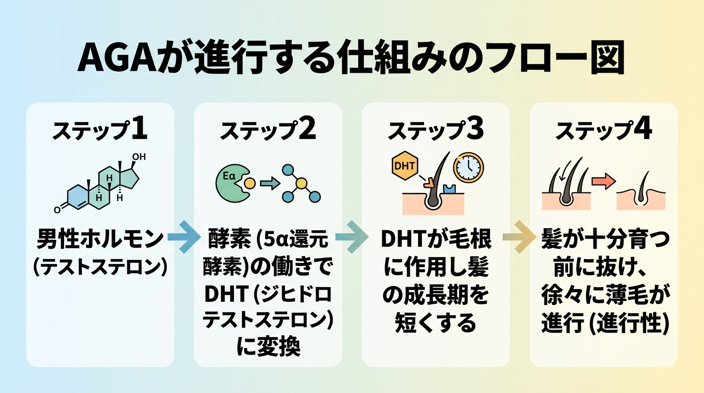 タイトル: AGAが進行する仕組みのフロー図。4ステップの横並びフロー: ステップ1: 男性ホルモン(テストステロン)。→ ステップ2: 酵素(5α還元酵素)の働きでDHT(ジヒドロテストステロン)に変換。→ ステップ3: DHTが毛根に作用し髪の成長期を短くする。→ ステップ4: 髪が十分育つ前に抜け、徐々に薄毛が進行(進行性)