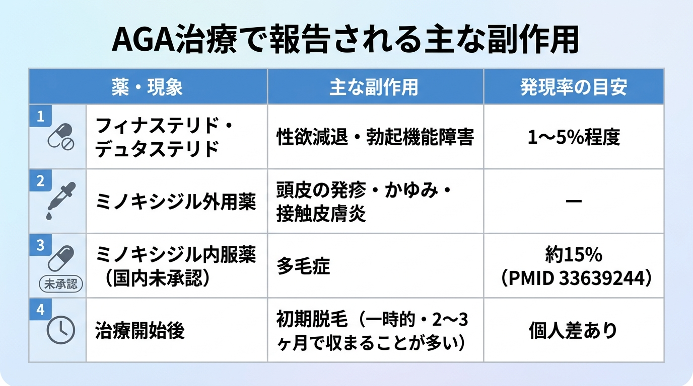 タイトル: AGA治療で報告される主な副作用。3列の表: ヘッダー行: 薬・現象 | 主な副作用 | 発現率の目安。行1: フィナステリド・デュタステリド | 性欲減退・勃起機能障害 | 1〜5%程度。行2: ミノキシジル外用薬 | 頭皮の発疹・かゆみ・接触皮膚炎 | ー。行3: ミノキシジル内服薬(国内未承認) | 多毛症 | 約15%(PMID 33639244)。行4: 治療開始後 | 初期脱毛(一時的・2〜3ヶ月で収まることが多い) | 個人差あり