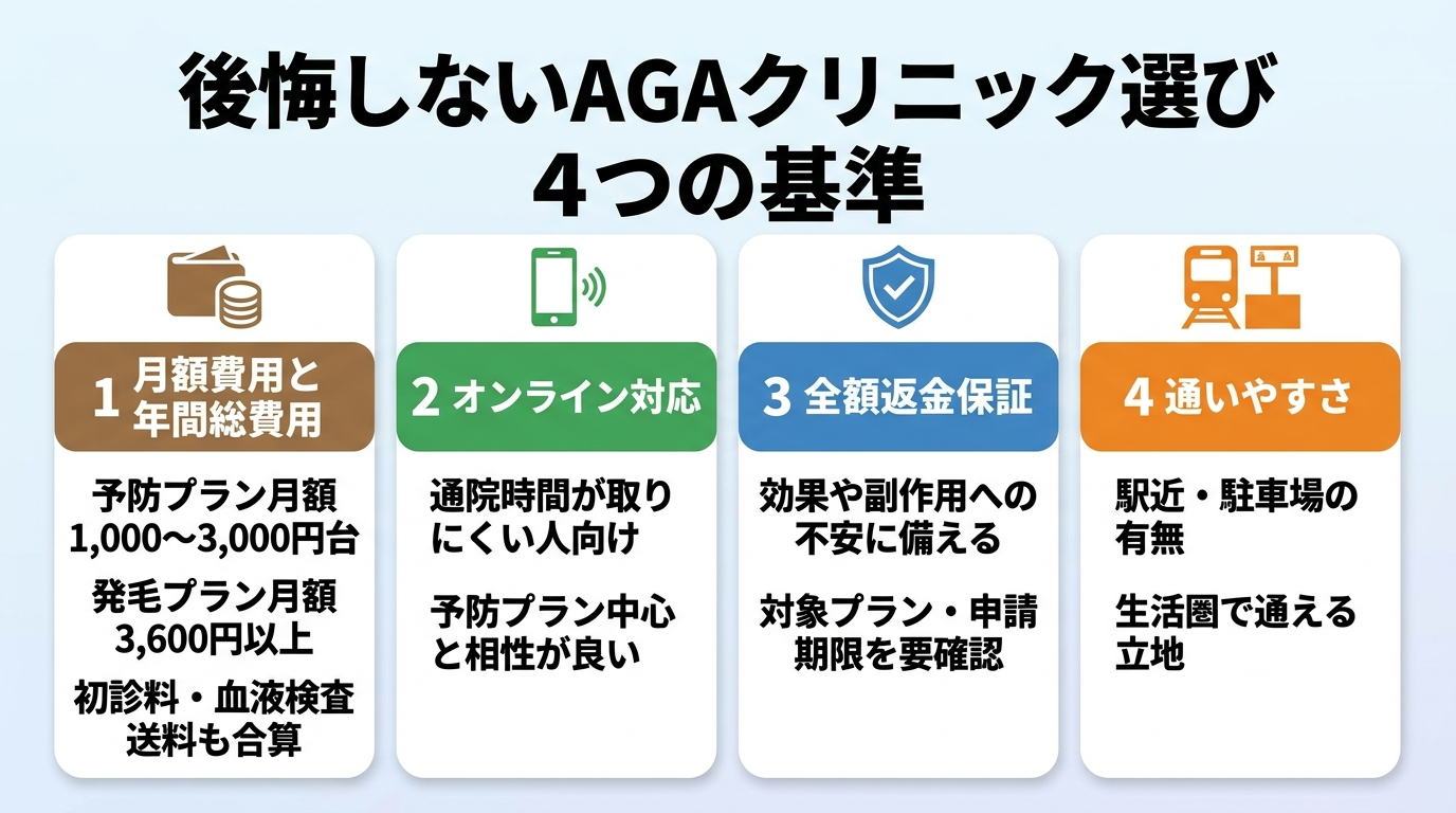 タイトル: 後悔しないAGAクリニック選び 4つの基準。横並び4カードで: カード1（財布のアイコン）月額費用と年間総費用: 予防プラン月額1,000〜3,000円台、発毛プラン月額3,600円以上。初診料・血液検査・送料も合算。カード2（スマホのアイコン）オンライン対応: 通院時間が取りにくい人向け、予防プラン中心と相性が良い。カード3（盾のアイコン）全額返金保証: 効果や副作用への不安に備える、対象プラン・申請期限を要確認。カード4（電車のアイコン）通いやすさ: 駅近・駐車場の有無、生活圏で通える立地