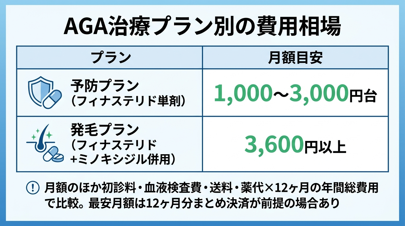 タイトル: AGA治療プラン別の費用相場。2列の表: ヘッダー行: プラン | 月額目安。行1: 予防プラン（フィナステリド単剤） | 1,000〜3,000円台。行2: 発毛プラン（フィナステリド＋ミノキシジル併用） | 3,600円以上。下部に注記: 月額のほか初診料・血液検査費・送料・薬代×12ヶ月の年間総費用で比較。最安月額は12ヶ月分まとめ決済が前提の場合あり