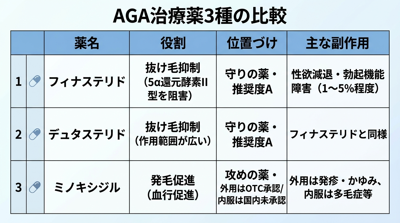 タイトル: AGA治療薬3種の比較。4列の表: ヘッダー行: 薬名 | 役割 | 位置づけ | 主な副作用。行1: フィナステリド | 抜け毛抑制（5α還元酵素II型を阻害） | 守りの薬・推奨度A | 性欲減退・勃起機能障害（1〜5%程度）。行2: デュタステリド | 抜け毛抑制（作用範囲が広い） | 守りの薬・推奨度A | フィナステリドと同様。行3: ミノキシジル | 発毛促進（血行促進） | 攻めの薬・外用はOTC承認/内服は国内未承認 | 外用は発疹・かゆみ、内服は多毛症等
