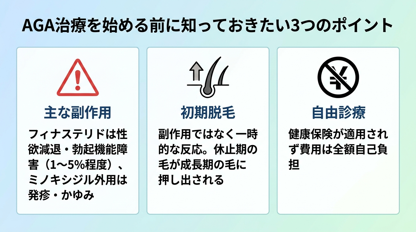 タイトル: AGA治療を始める前に知っておきたい3つのポイント。横並び3カード: カード1（注意アイコン）ヘッダー: 主な副作用、説明: フィナステリドは性欲減退・勃起機能障害（1〜5%程度）、ミノキシジル外用は発疹・かゆみ。カード2（毛髪アイコン）ヘッダー: 初期脱毛、説明: 副作用ではなく一時的な反応。休止期の毛が成長期の毛に押し出される。カード3（円マークに斜線アイコン）ヘッダー: 自由診療、説明: 健康保険が適用されず費用は全額自己負担