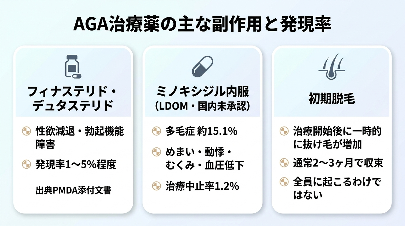 タイトル: AGA治療薬の主な副作用と発現率。3カラムのカード型インフォグラフィック。カード1(錠剤アイコン)見出し: フィナステリド・デュタステリド。内容: 性欲減退・勃起機能障害 発現率1〜5%程度。出典PMDA添付文書。カード2(カプセルアイコン)見出し: ミノキシジル内服(LDOM・国内未承認)。内容: 多毛症 約15.1%、めまい・動悸・むくみ・血圧低下。治療中止率1.2%。カード3(毛髪アイコン)見出し: 初期脱毛。内容: 治療開始後に一時的に抜け毛が増加。通常2〜3ヶ月で収束。全員に起こるわけではない