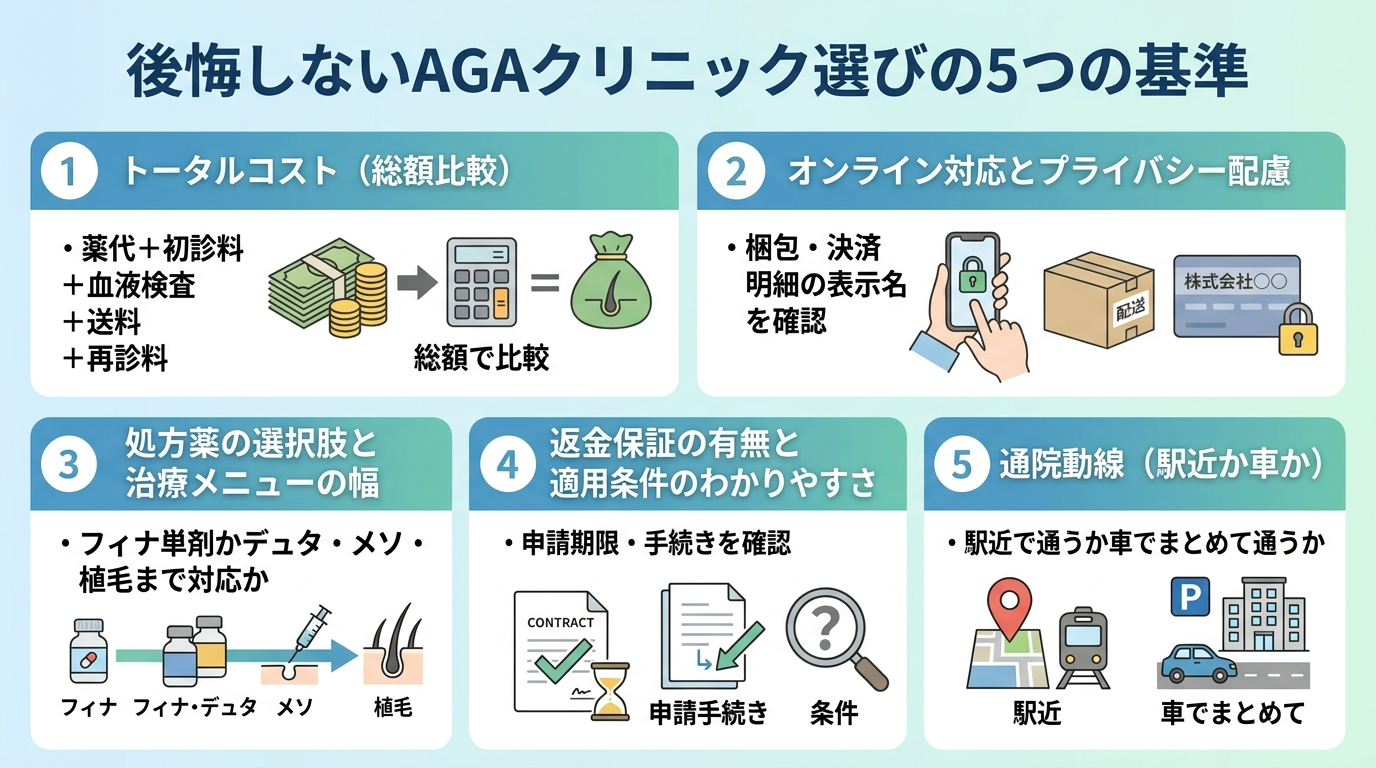 タイトル: 後悔しないAGAクリニック選びの5つの基準。縦並び5項目のチェックリスト形式: 1. トータルコスト(薬代+初診料+血液検査+送料+再診料の総額で比較)。2. オンライン対応とプライバシー配慮(梱包・決済明細の表示名を確認)。3. 処方薬の選択肢と治療メニューの幅(フィナ単剤かデュタ・メソ・植毛まで対応か)。4. 返金保証の有無と適用条件のわかりやすさ(申請期限・手続きを確認)。5. 通院動線(駅近で通うか車でまとめて通うか)