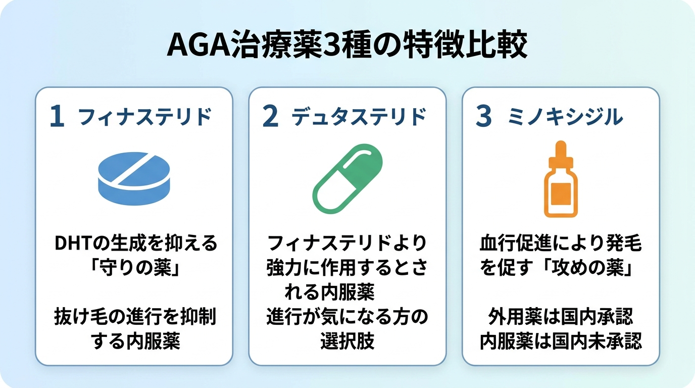 タイトル: AGA治療薬3種の特徴比較。横並び3カードで: カード1(錠剤のアイコン)ヘッダー: フィナステリド、説明: DHTの生成を抑える「守りの薬」。抜け毛の進行を抑制する内服薬。カード2(カプセルのアイコン)ヘッダー: デュタステリド、説明: フィナステリドより強力に作用するとされる内服薬。進行が気になる方の選択肢。カード3(ボトルのアイコン)ヘッダー: ミノキシジル、説明: 血行促進により発毛を促す「攻めの薬」。外用薬は国内承認、内服薬は国内未承認。