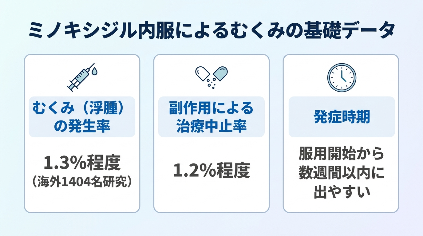 タイトル: ミノキシジル内服によるむくみの基礎データ。横並び3カードで: カード1(注射器のアイコン)ヘッダー: むくみ(浮腫)の発生率、説明: 1.3%程度(海外1404名研究)。カード2(カプセルのアイコン)ヘッダー: 副作用による治療中止率、説明: 1.2%程度。カード3(時計のアイコン)ヘッダー: 発症時期、説明: 服用開始から数週間以内に出やすい