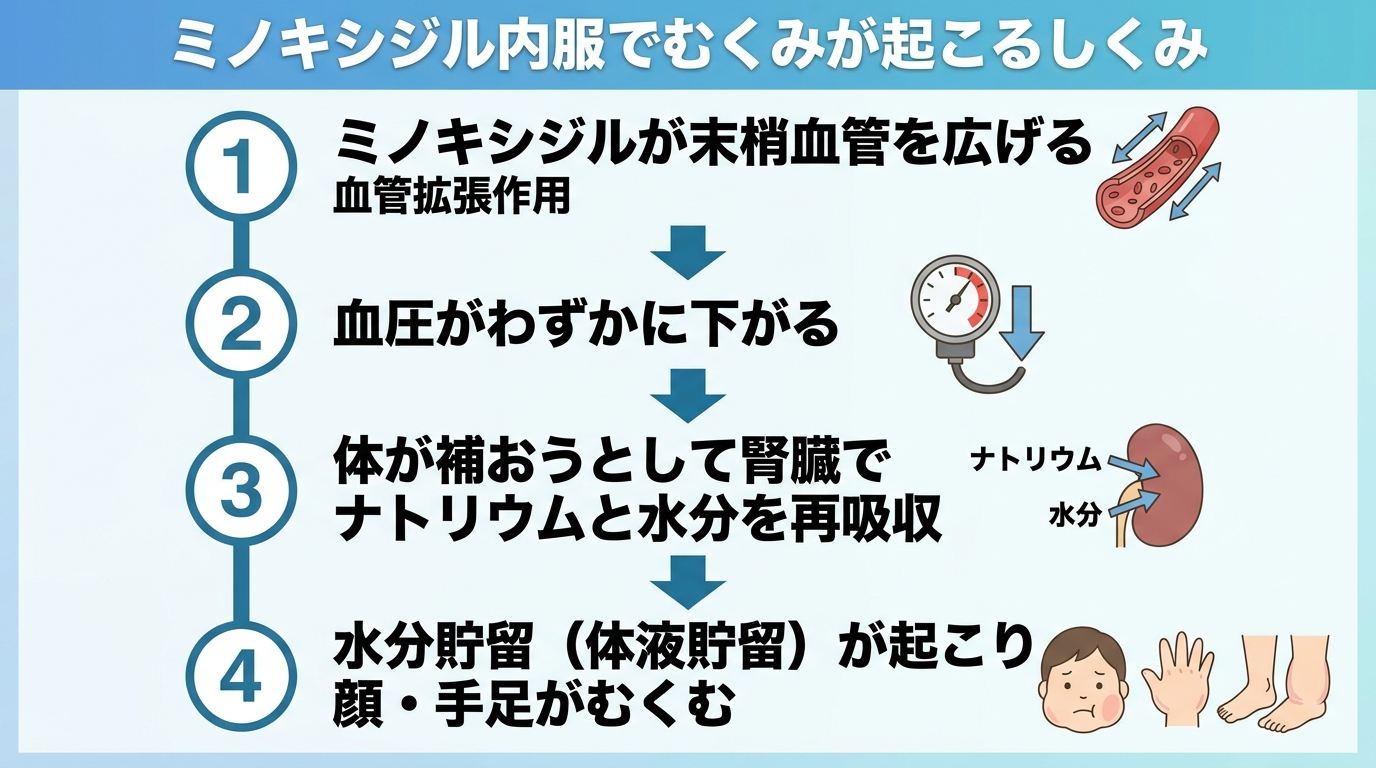 タイトル: ミノキシジル内服でむくみが起こるしくみ(フロー図)。4ステップの縦並びフロー: ステップ1: ミノキシジルが末梢血管を広げる(血管拡張作用)→ ステップ2: 血圧がわずかに下がる → ステップ3: 体が補おうとして腎臓でナトリウムと水分を再吸収 → ステップ4: 水分貯留(体液貯留)が起こり顔・手足がむくむ